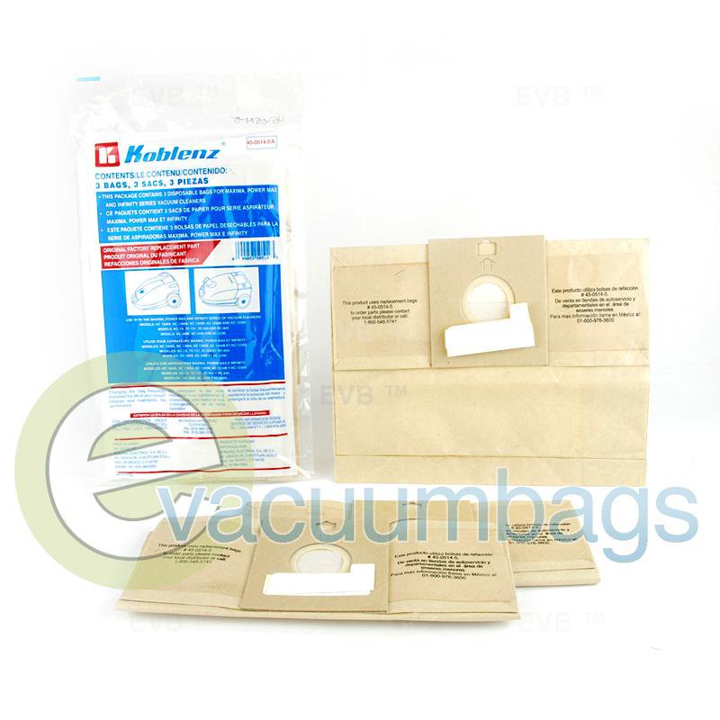 Koblenz Maxima Power Max Infinity Canister Paper Vacuum Bags 3 Bags 45-0514-5 45-0514-5