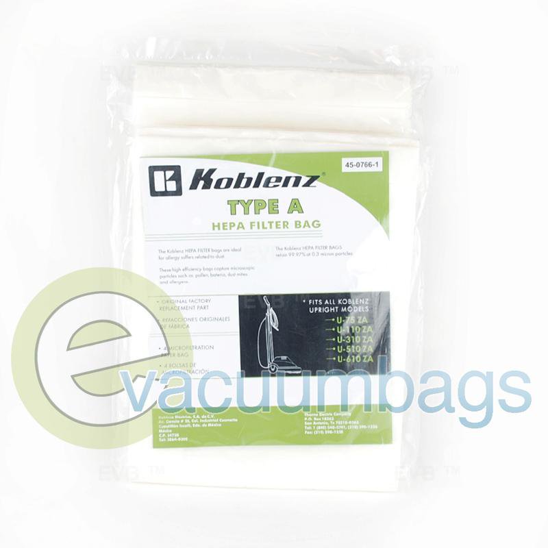 Koblenz Type A Upright HEPA Filter Paper Vacuum Bag 4 Pack 45-0766-1 51-2423-03