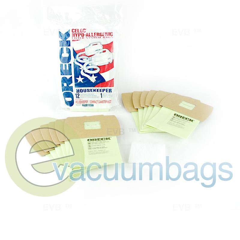 Oreck Housekeeper Commercial Compact Canister Hypo-Allergenic Paper Vacuum Bags 12 Pack + 1 Filter PKBB12DW 59-2425-07