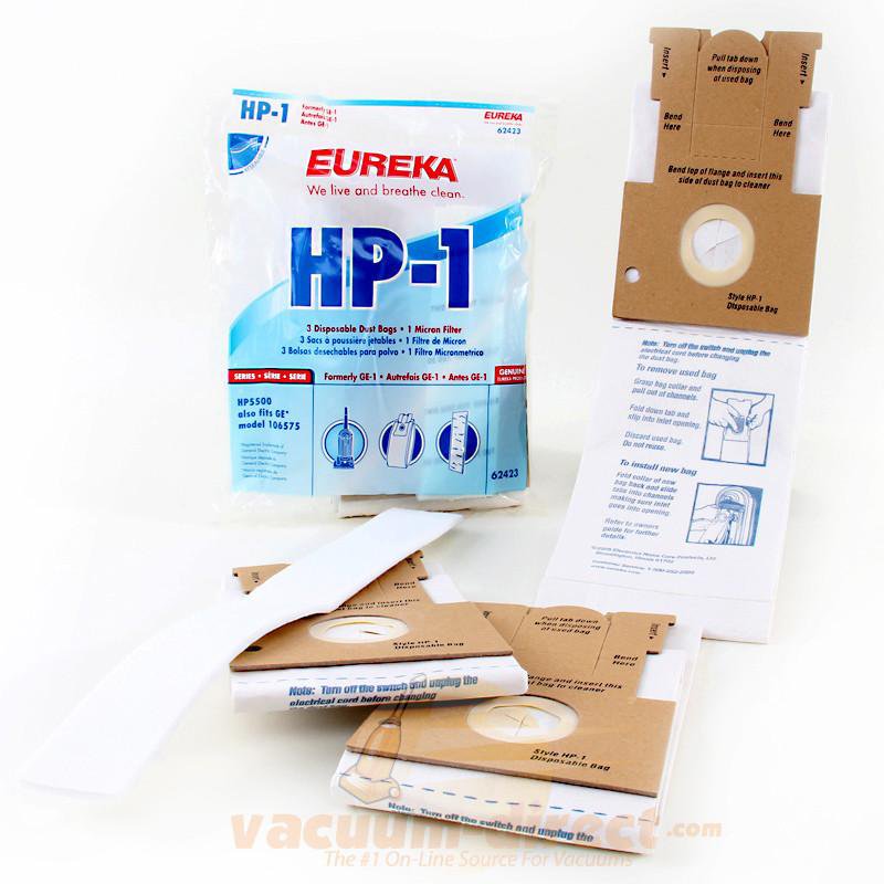 Eureka & GE Style HP-1 Vacuum Bags & Filter Set 3 Bags & 1 Filter 21-2434-09