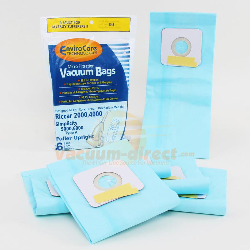 Riccar 2000/4000 and Simlicity 5000/6000 Type A Generic Vacuum Bags by EnviroCare 6 Pack  845 52-2425-01